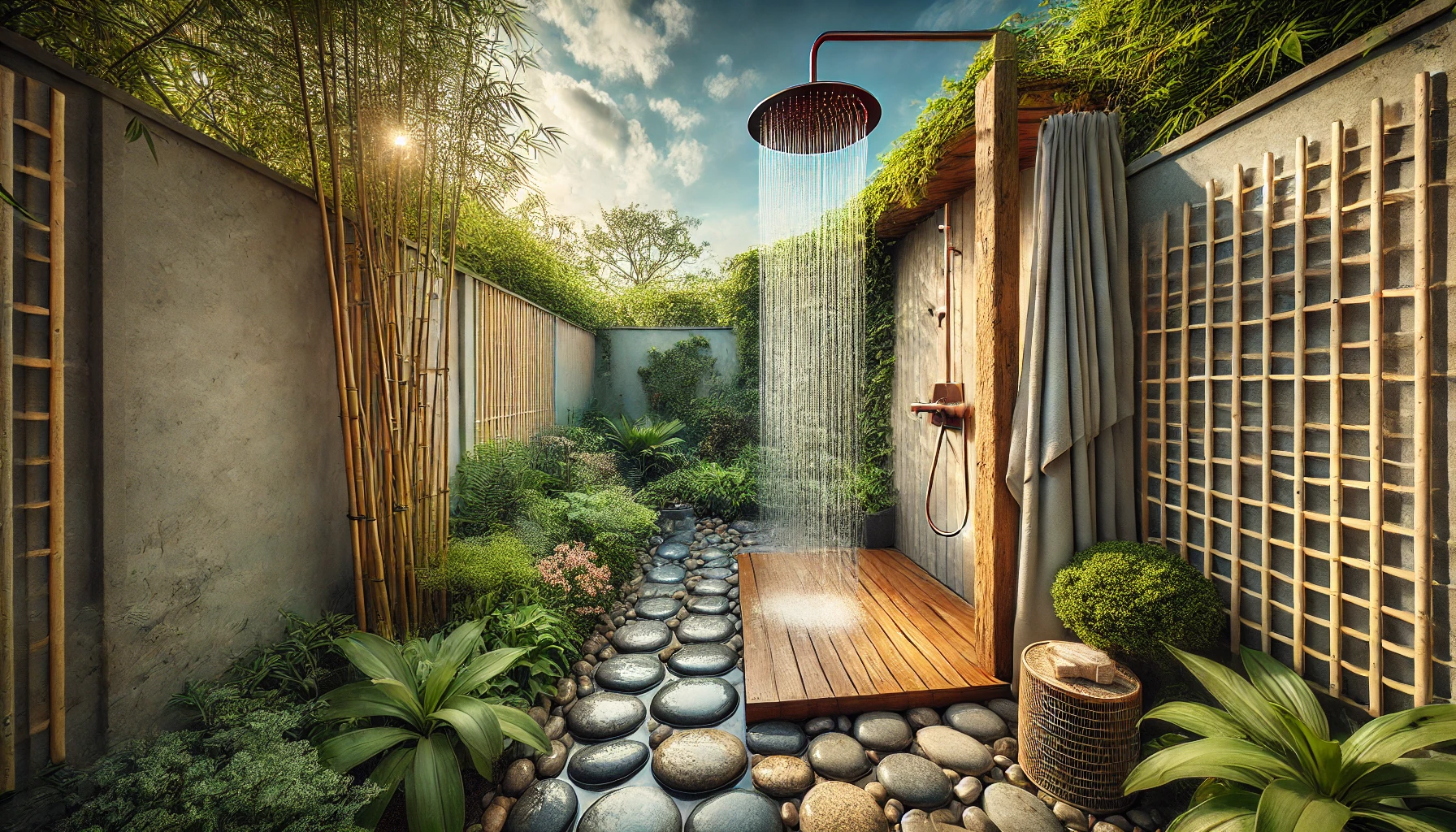 Garden shower with privacy screen