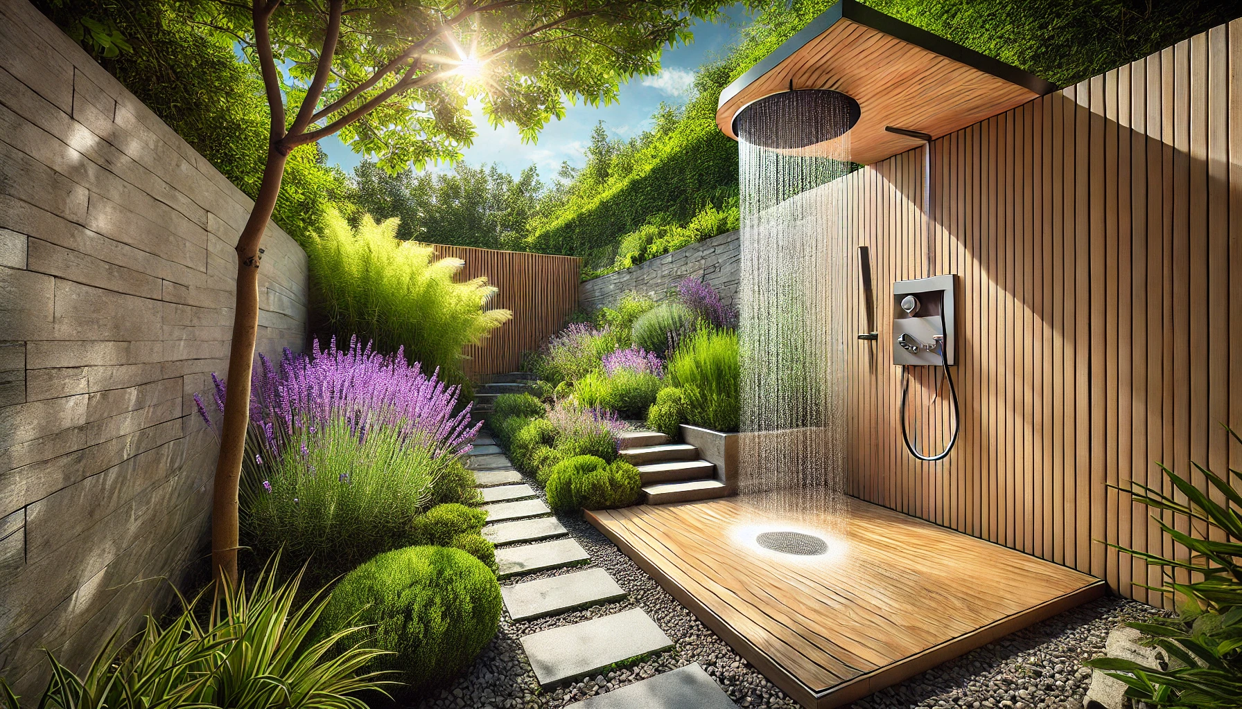 Garden shower with hot water